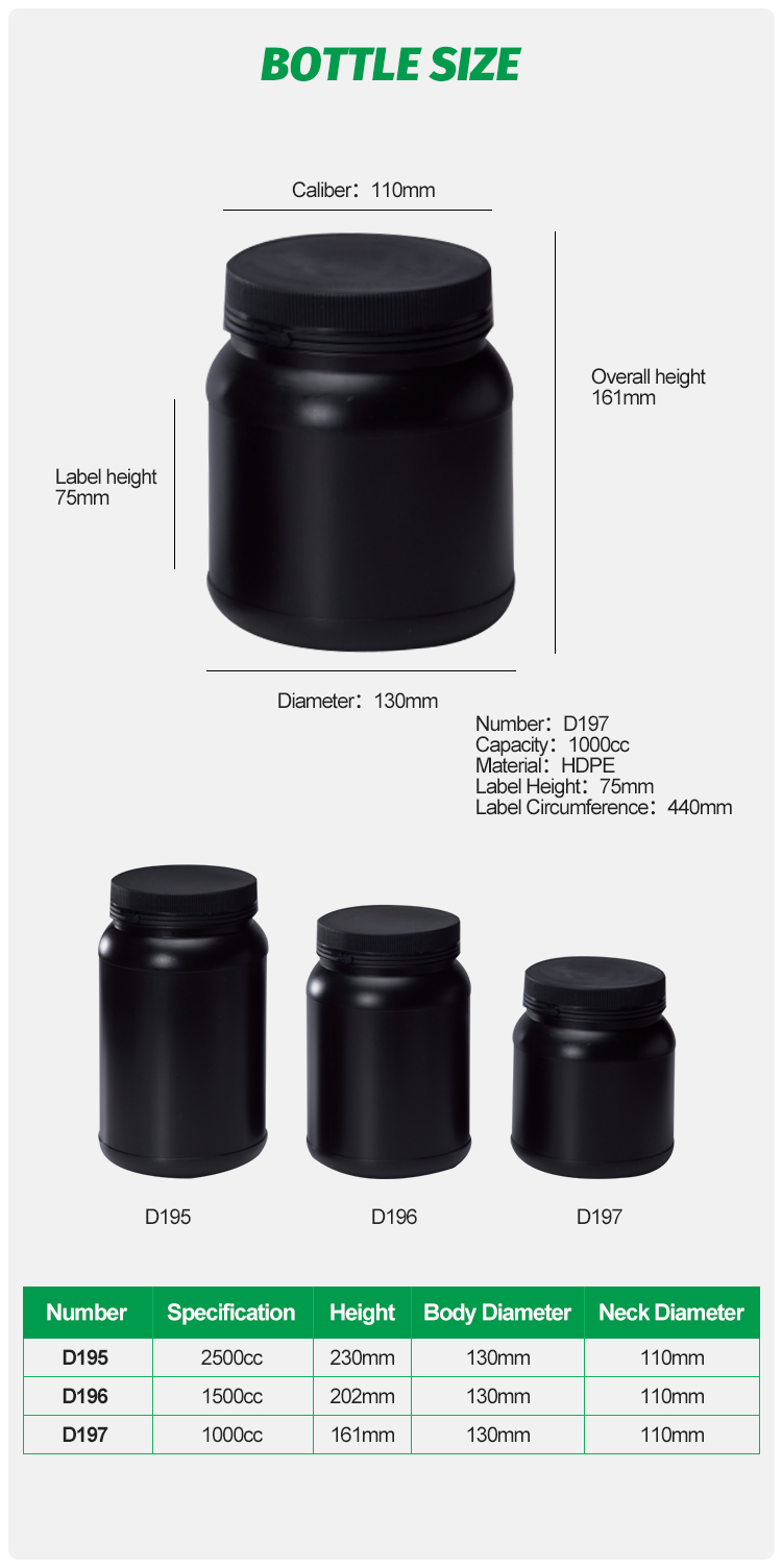 HDPED195 D197 6 1 - 1500CC Wide Mouth Plastic Jars With Tearing Cap HDPE Protein Powder Jar