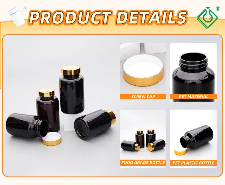 Plastic supplement bottles1 - Customized New Design Pet Capsule Supplement Bottle With Golden Cap