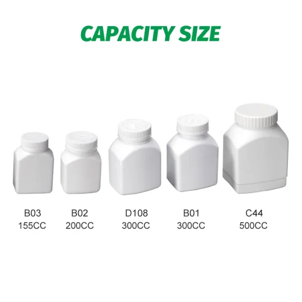 Empty HDPE square pill bottles supplements plastic packaging